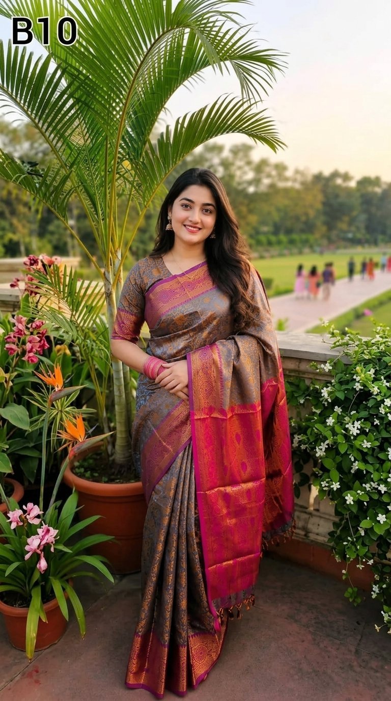 Code-B10 কাঞ্জিভরম কাতান শাড়ি ব্লাউজ পিসসহ