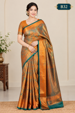 Code-B32 কাঞ্জিভরম কাতান শাড়ি ব্লাউজ পিসসহ