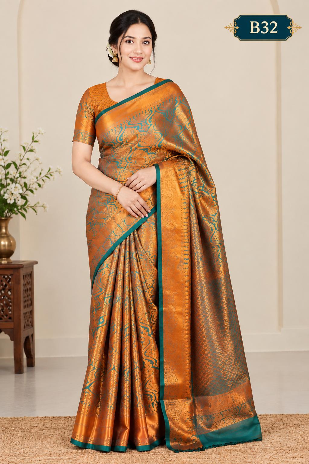 Code-B32 কাঞ্জিভরম কাতান শাড়ি ব্লাউজ পিসসহ
