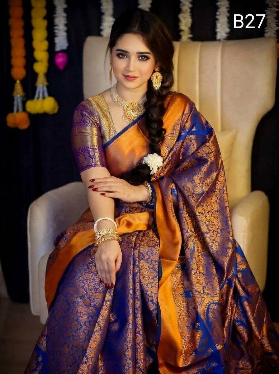 Code-B27 কাঞ্জিভরম কাতান শাড়ি ব্লাউজ পিসসহ